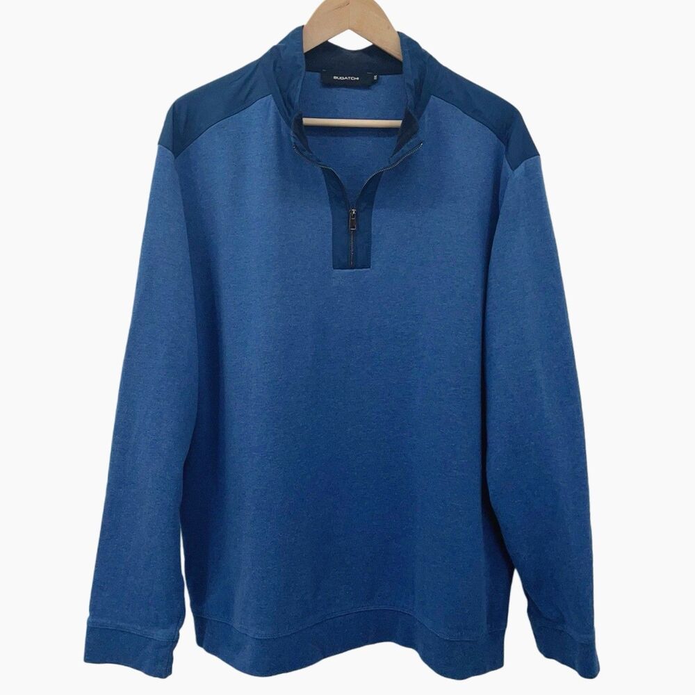 Bugatchi 1/4 Zip Performance Pullover Men's XXL Blue Long Sleeve Knit Golf